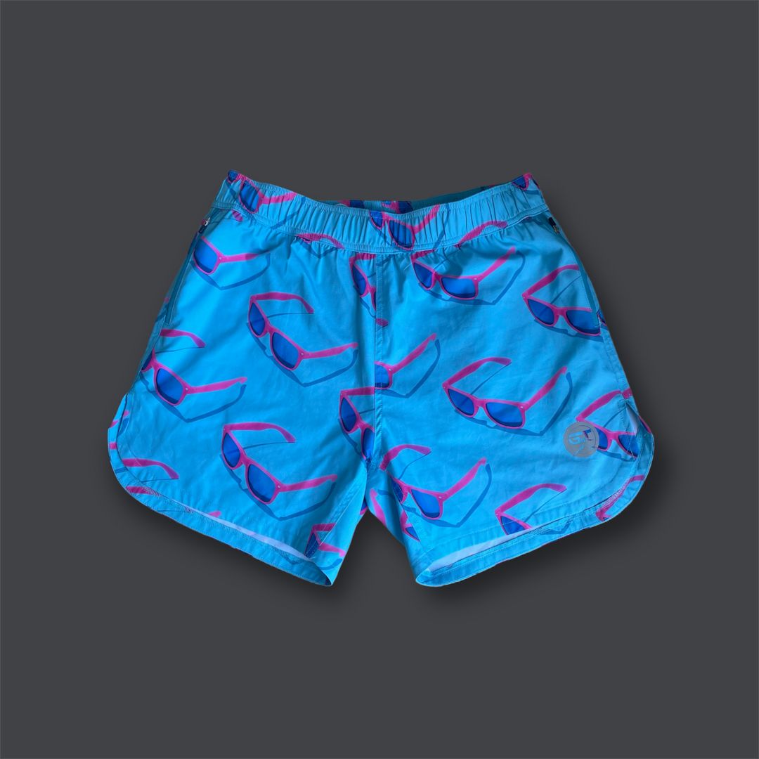 light/electric blue running shorts with pink sunglass pattern