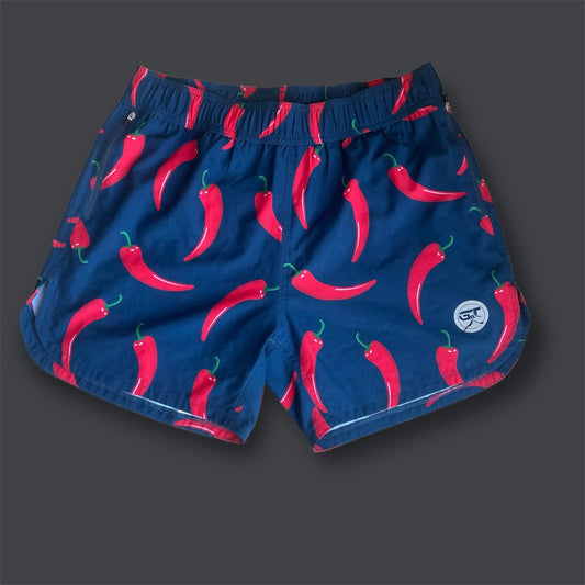 Navy running shorts with a red chilli pattern