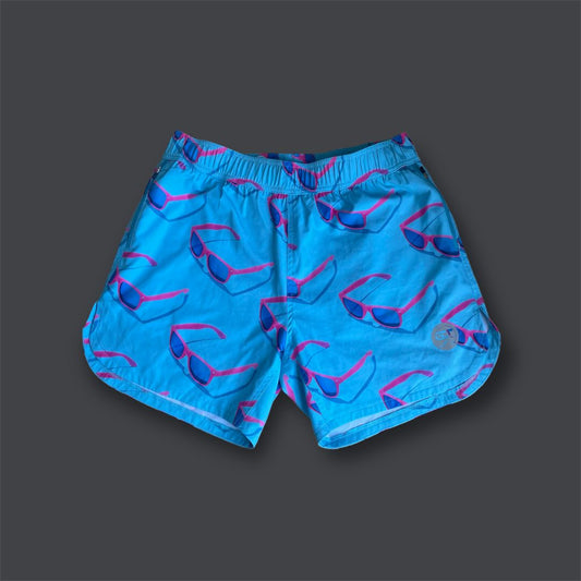 light/electric blue running shorts with pink sunglass pattern